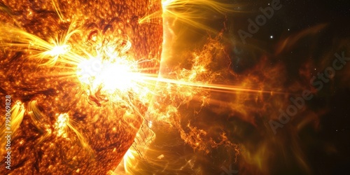  solar surface with powerful bursting flares and star protuberances erupting with magnetic storms and plasma flashes. photo