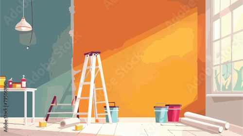 Wallpaper rolls with supplies and ladder in light roo photo