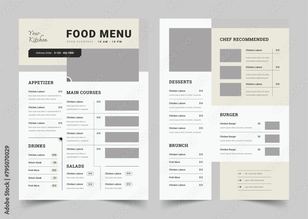 Obraz premium Restaurant Menu Template, A4 size, Fast Food, Flyer Design, Simple, Minimalist, Food Menu