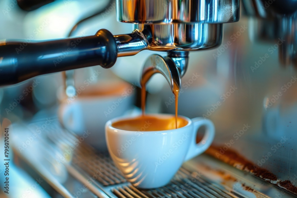 Close up of espresso pouring from coffee machine into a cup in cafe Close up of espresso pouring from coffee machine into a cup in cafe