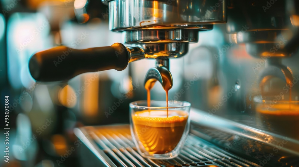 Close up of espresso pouring from coffee machine into a cup in cafe Close up of espresso pouring from coffee machine into a cup in cafe