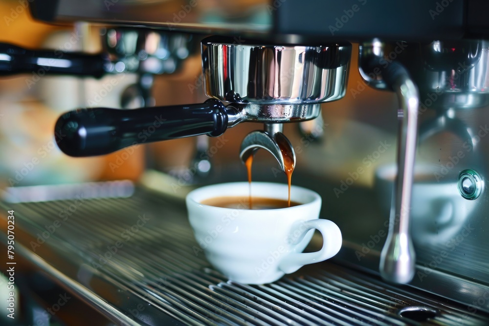 Close up of espresso pouring from coffee machine into a cup in cafe Close up of espresso pouring from coffee machine into a cup in cafe