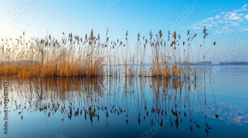 Reeds on the shore of the lake at sunset. Plants 