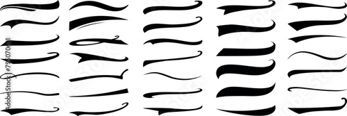 Elegant text tails swoosh Vector, calligraphy swirls for logo design, decoration. Varied thickness, curvature. Simple to complex shapes. Typography, graphic design elements on white background