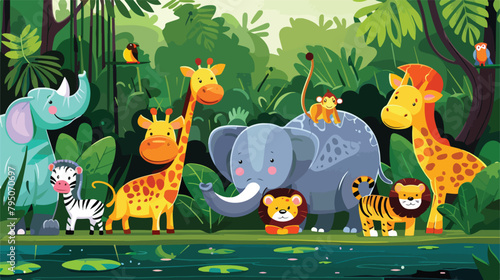 Wild animals with landscape - cute cartoon illustration