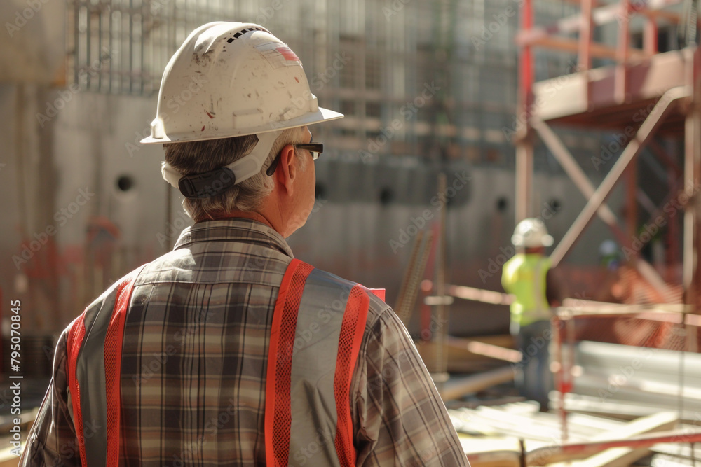 Foreman inspecting construction site, showcasing teamwork and safety protocols with hardhats and equipment Foreman inspecting construction site, showcasing teamwork and safety protocols with hardhats and equipment