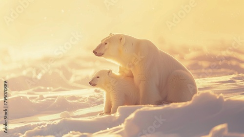 Two polar bears are sitting on the snow, one of them is a mother photo