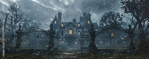 Imagine a haunted mansion looming ominously in a dense fog, with twisted iron gates and decrepit stonework Add a touch of mystery with glowing windows and a foreboding sky, showcasing the buildings ma