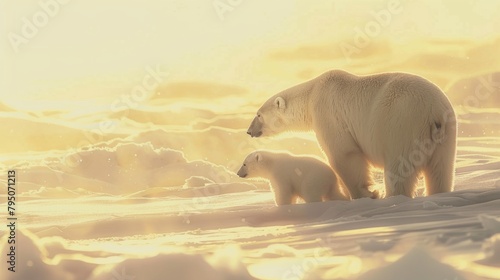 A mother polar bear and her cub are walking on a snowy field