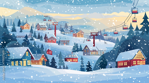 Winter landscape with ski resort town in snowfall. Mo