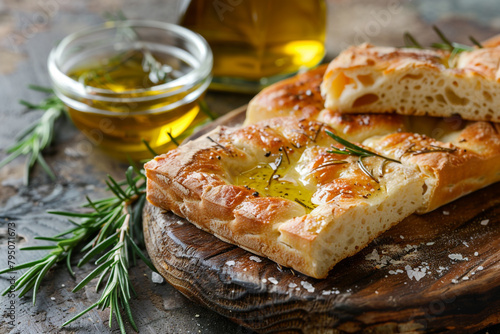 Freshly baked focaccia beside a rustic bowl of olive oil rosemary sprigs scattered 