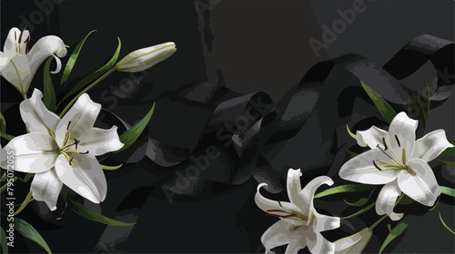 White lily flowers and black funeral ribbon on dark background