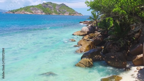 Grand Sister Island close to La Digue, Seychelles. Aerial view of tropical coastline on a sunny day