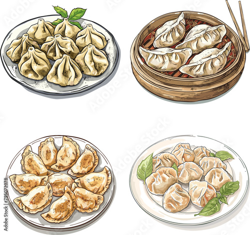 Engraving illustration Set of Dumplings isolated on white background