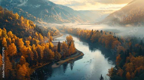 River in the mountains at sunset. View of the autumn f photo