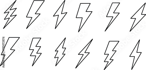 Line flash lightning bolt icon set. Electric power symbol. Energy sign, vector illustration. charge sign. Thunder strike electricity linear symbol. Thunderbolt flash. Powerful electrical discharge .