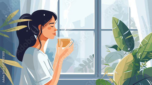 Woman drinks coffee near the window in the morning. 
