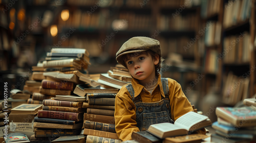 boy reading a book and sitting on mountain of book at library boy reading a book and sitting on mountain of book at library