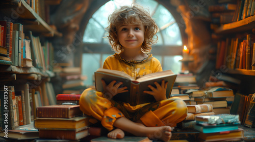 boy reading a book and sitt...
