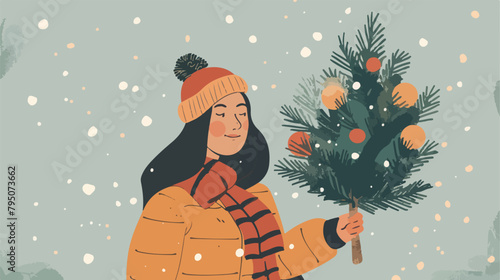 Woman holding Christmas tree. Festive winter concept.