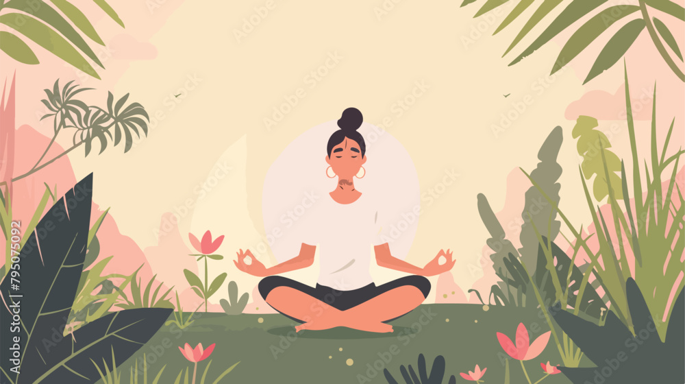 Woman practicing meditation. Vector illustration in f