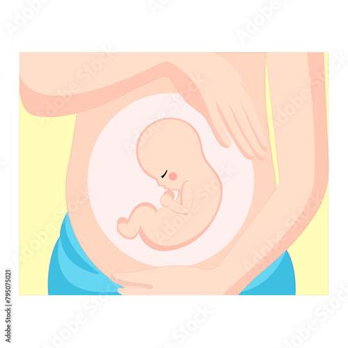 pregnant belly with baby inside in flat style in  blue shorts and yellow background photo