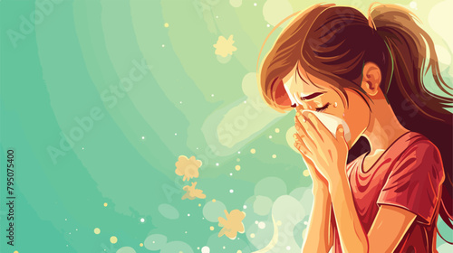 Ill young woman coughing on green background Vector illustration