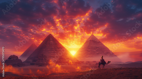 landscape of pyramids and desert in sunset time