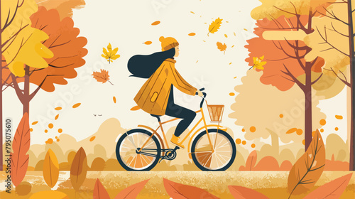 Woman riding bike in autumn. Cute illustration 