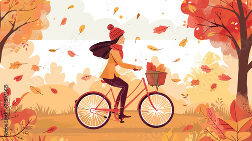 Woman riding bike in autumn. Cute illustration 