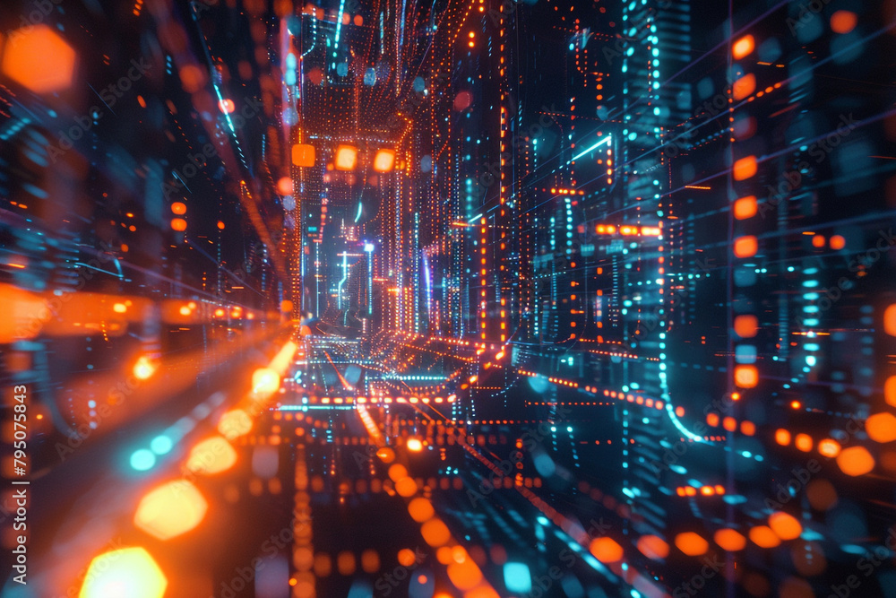 Futuristic binary landscape, glowing with neon intelligence and advanced digital networks in a 3D visualization Futuristic binary landscape, glowing with neon intelligence and advanced digital networks in a 3D visualization