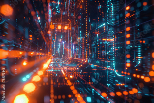 Futuristic binary landscape, glowing with neon intelligence and advanced digital networks in a 3D visualization © xadartstudio