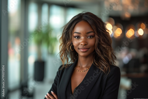 An elegant portrait captures the poise of a stunning African American female CEO in a stylish professional suit against a blurred interior office background.