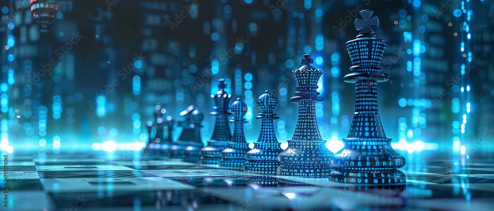 digital king chess piece with binary code element, symbolizing strategic leadership in business, AI-driven decision-making, market analysis, risk assessment, business landscape.
