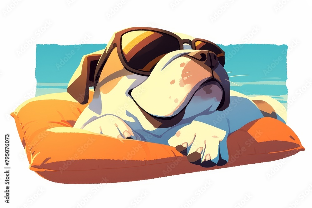 A cute dog wearing sunglasses is lounging on an orange bean bag by the pool