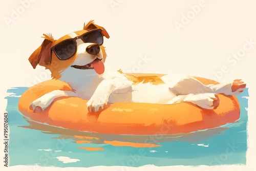 A cute dog wearing sunglasses is lounging on an orange bean bag by the pool, smiling and enjoying summer  © Photo And Art Panda