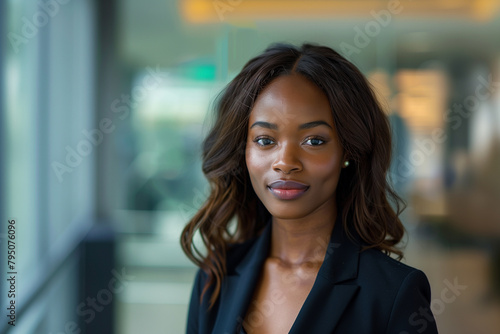 In an elegant portrait  a gorgeous African American female CEO exudes confidence in a stylish professional suit  with a blurred interior office setting.