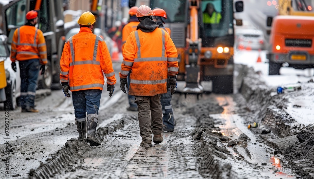 Dedicated worker ensuring safety during road construction on bustling urban streets Dedicated worker ensuring safety during road construction on bustling urban streets