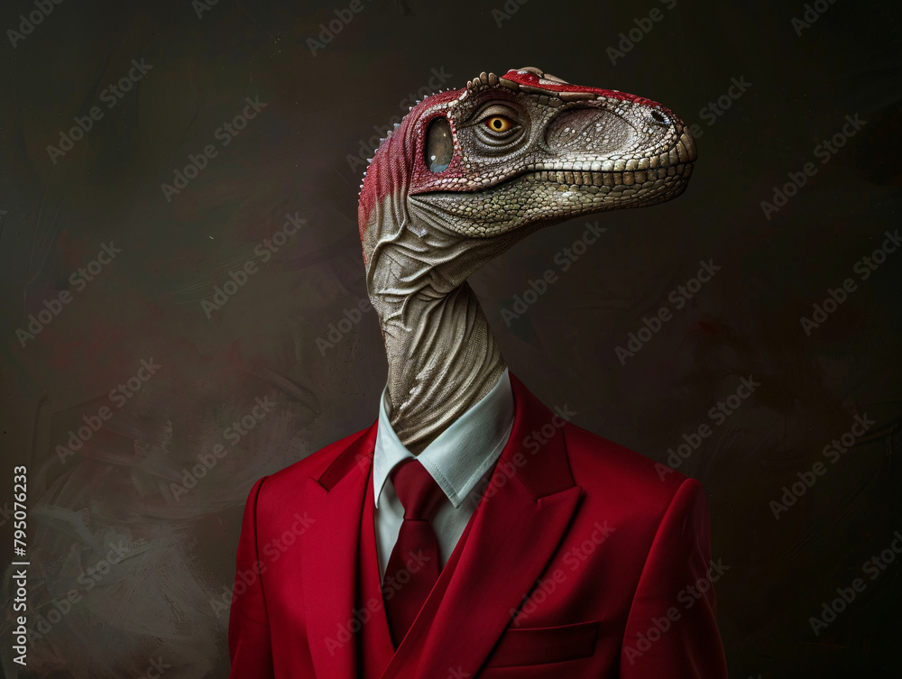 a dinosaur head in a suit