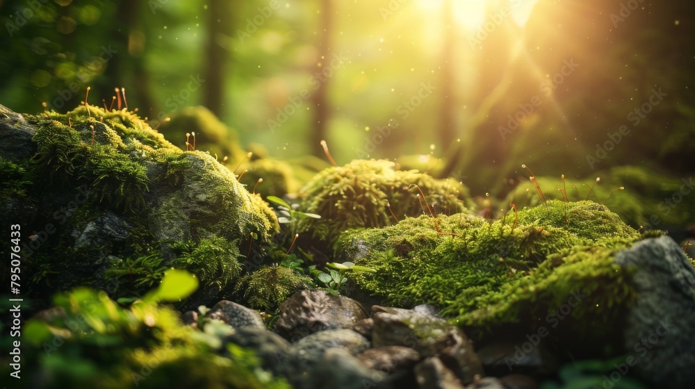 Beautiful nature scene with moss on rocks in a forest at sunrise Beautiful nature scene with moss on rocks in a forest at sunrise
