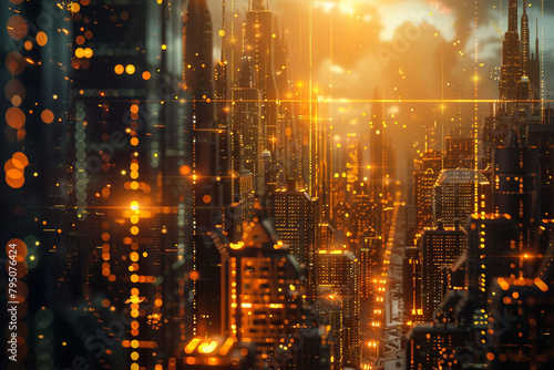 Futuristic cityscape with gold investments powering technology advancements 