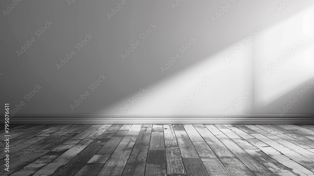 A black and white photo of a room with wood floors, AI