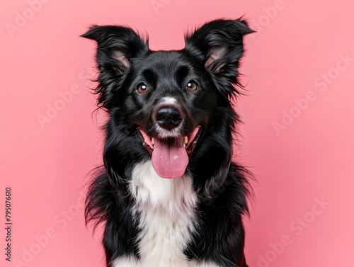 a black and white dog with its tongue out