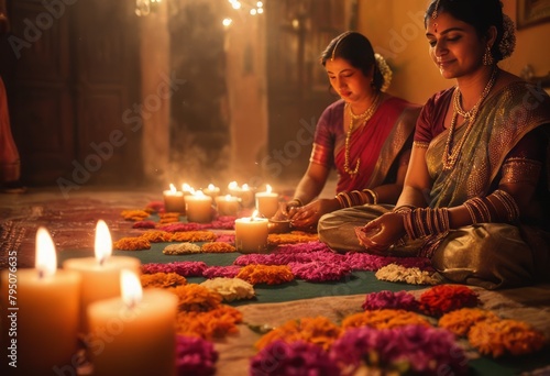 Women participating in a traditional Diwali festival celebration with candles. Cultural heritage and festivity.