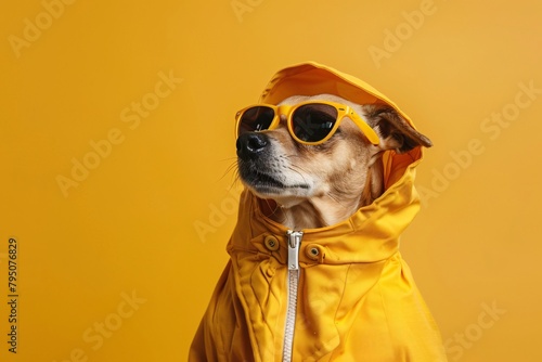 a dog wearing a yellow jacket and sunglasses © Cristian