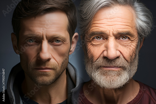 The photo on the left depicts  young man face extreme wrinkles while the photo on the right reveals a significant glowing skin.