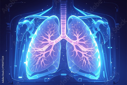 A detailed illustration of lungs with a clear cut animation style, showing the anatomy and structure of the human airways and bronchial tubes. photo
