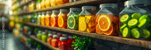 Fresh and Healthy Fruits in Glass Jar, Organic Diet and Nutrition, Grocery Shelf Concept