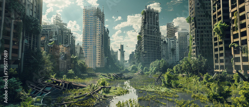 A desolate city consumed by plant life, abandoned in the aftermath of an apocalyptic event. photo