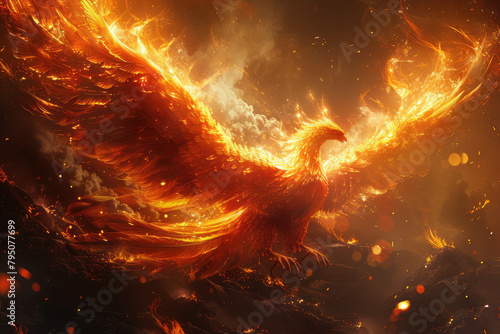The majestic Phoenix rising from the ashes, its wings spread wide and glowing with golden fire. Created with Ai #795077699
